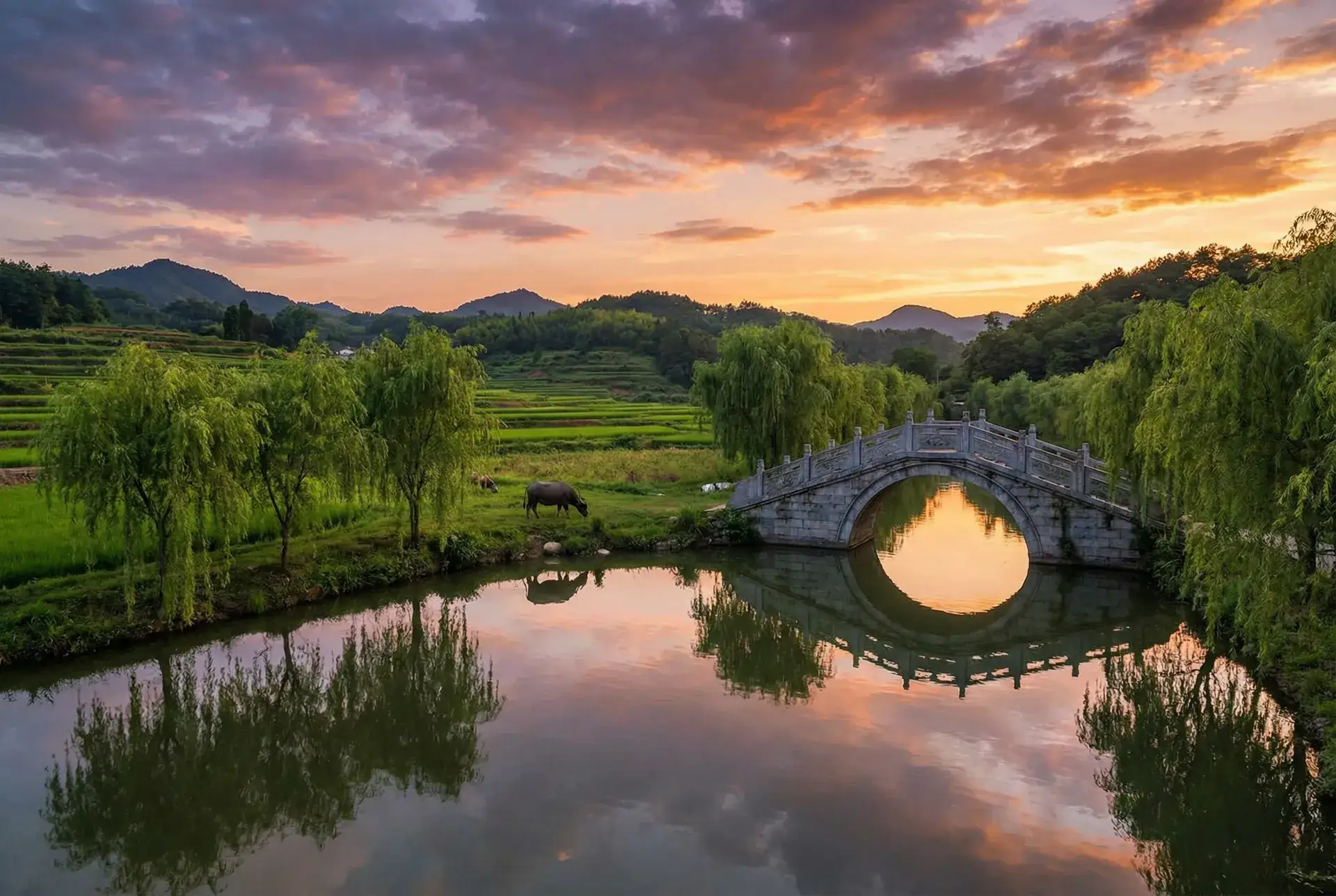 夕阳下的石拱桥与垂柳，水牛在河边吃草 - 初代吸血鬼第一季 乡村美景